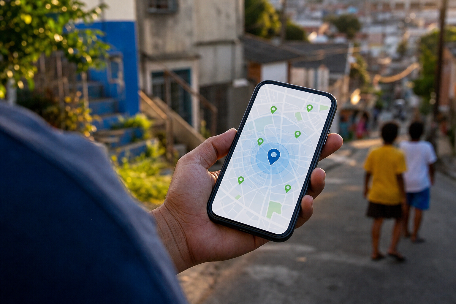 Mapa do bairro com pins de avistamentos no celular