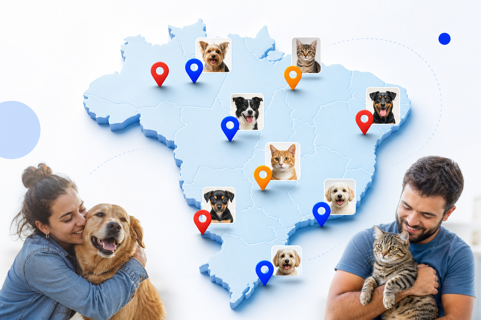 Mapa do Brasil com pins de pets perdidos, avistados e para adoção